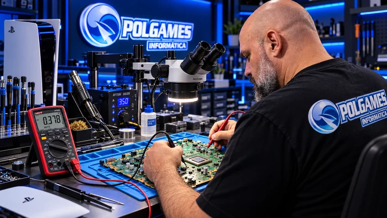 Técnico da Polgames reparando placa de PS5